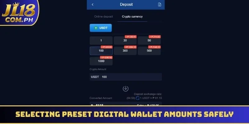 Selecting preset digital wallet amounts safely